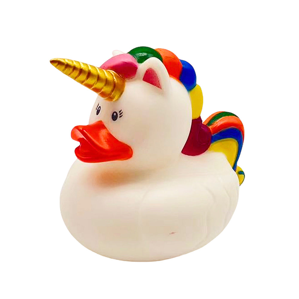 Patinho unicórnio para banho crina arco-íris branco