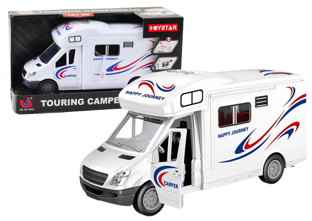 Autocaravana branca com luzes, sons e portas de abrir