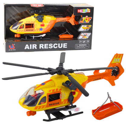 Helicóptero de resgate laranja com gancho, maca, luzes e sons 1:12
