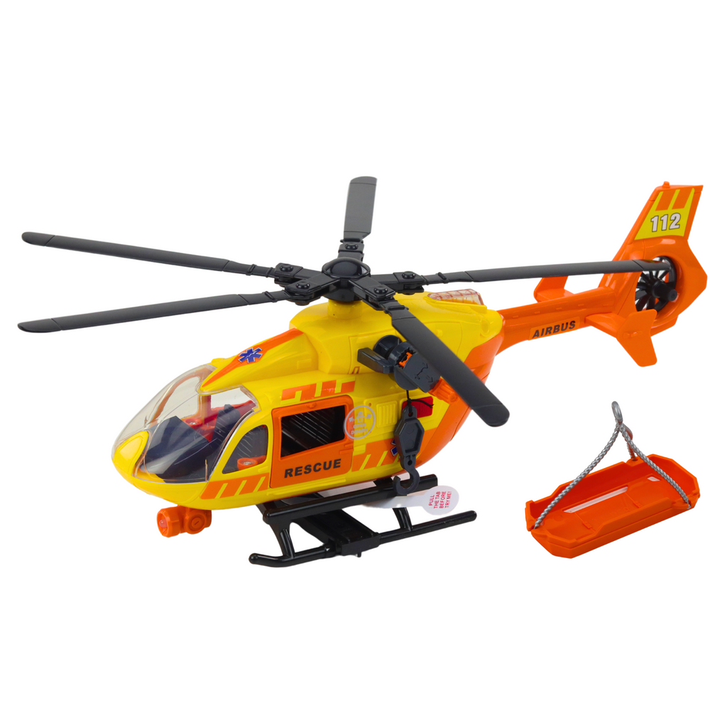 Helicóptero de resgate laranja com gancho, maca, luzes e sons 1:12