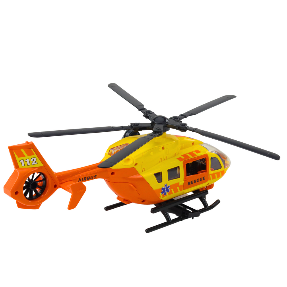Helicóptero de resgate laranja com gancho, maca, luzes e sons 1:12