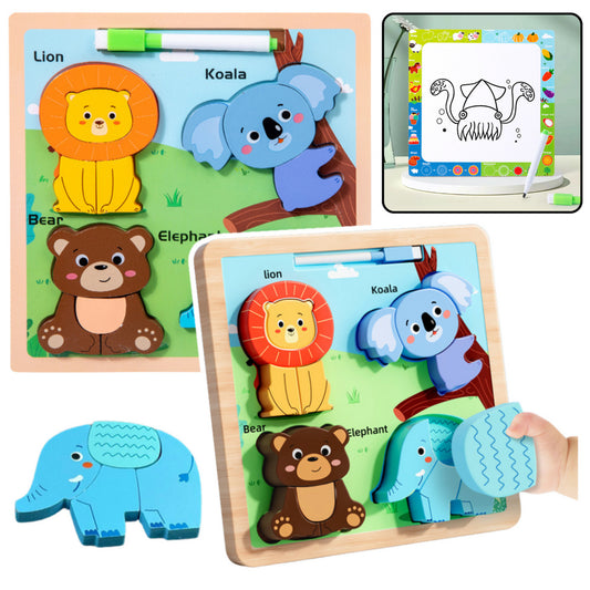 Quadro puzzle 2 em 1 de madeira animais selvagens com marcador