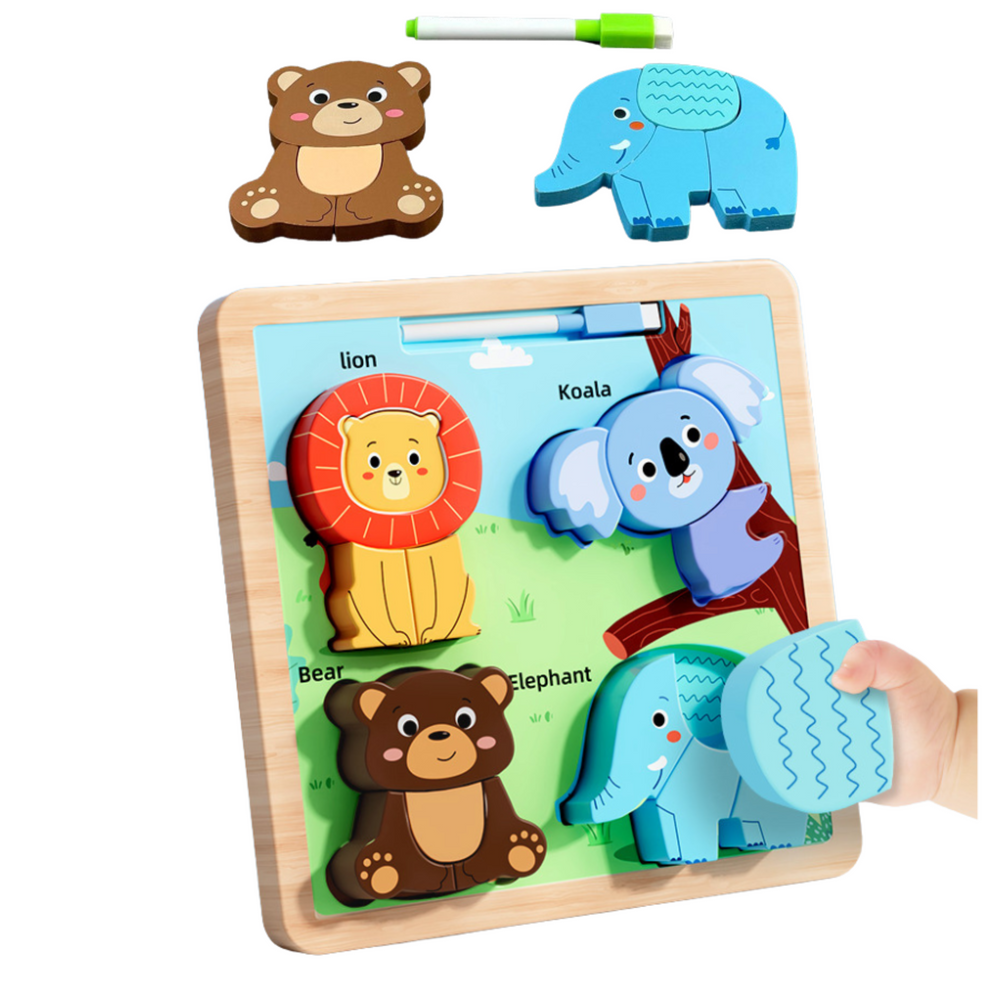 Quadro puzzle 2 em 1 de madeira animais selvagens com marcador