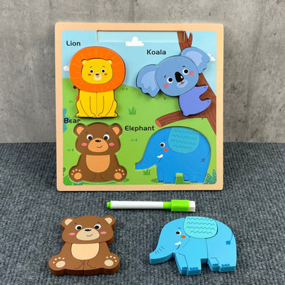 Quadro puzzle 2 em 1 de madeira animais selvagens com marcador