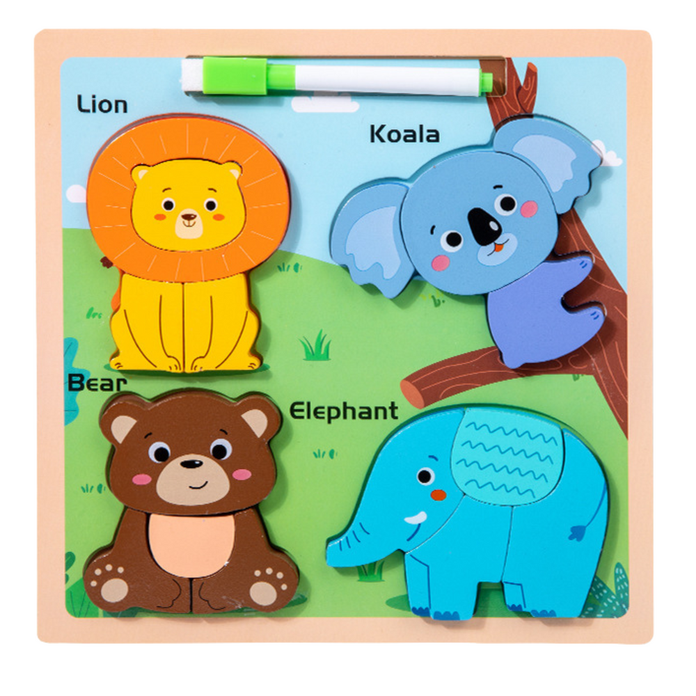 Quadro puzzle 2 em 1 de madeira animais selvagens com marcador