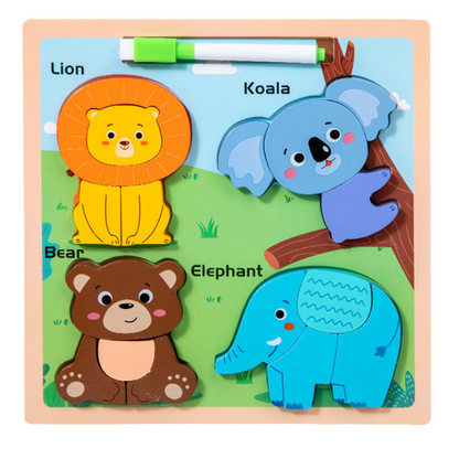 Quadro puzzle 2 em 1 de madeira animais selvagens com marcador