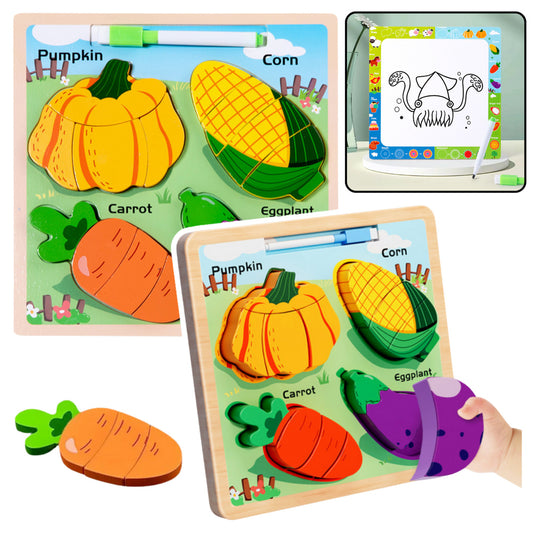 Quadro puzzle 2 em 1 de madeira legumes com marcador