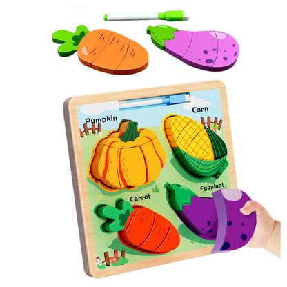 Quadro puzzle 2 em 1 de madeira legumes com marcador