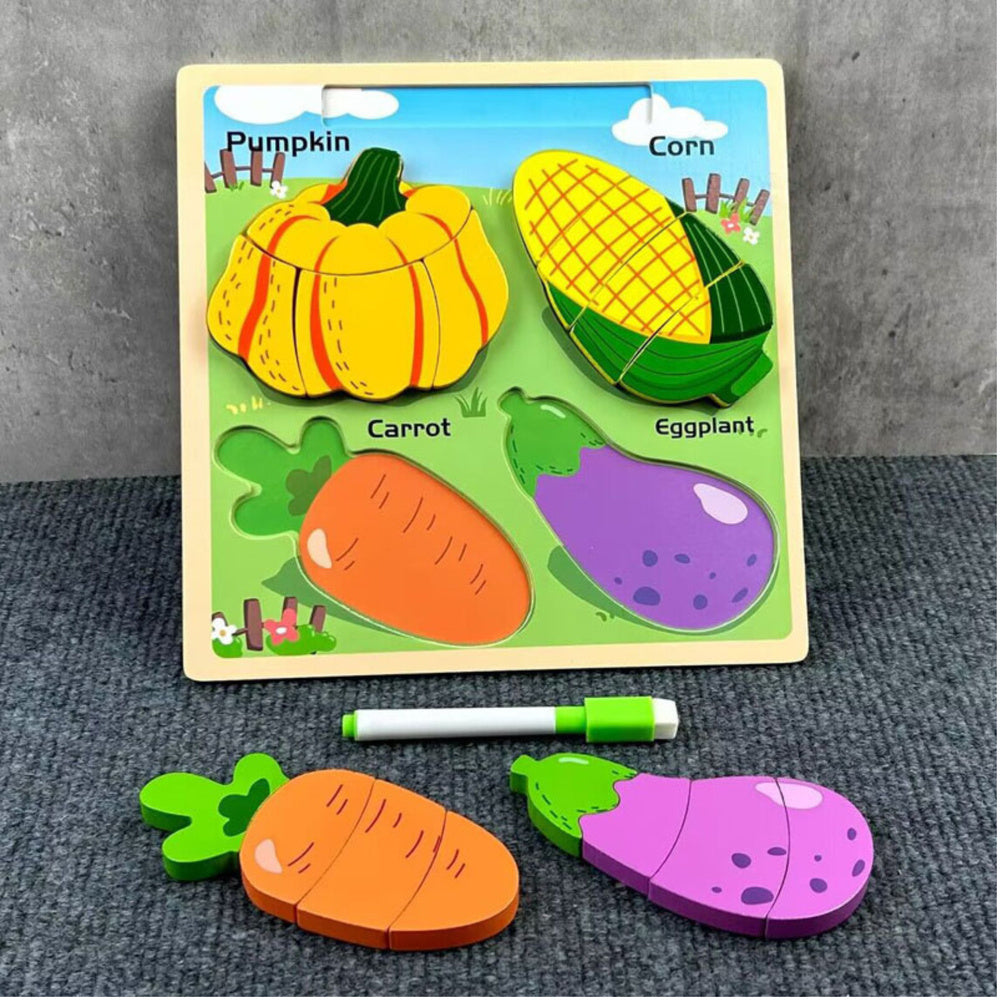 Quadro puzzle 2 em 1 de madeira legumes com marcador