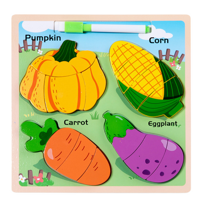 Quadro puzzle 2 em 1 de madeira legumes com marcador