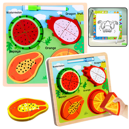 Quadro puzzle 2 em 1 de madeira frutas com marcador