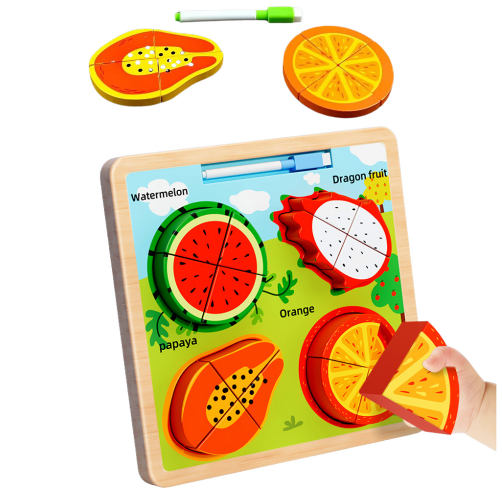 Quadro puzzle 2 em 1 de madeira frutas com marcador