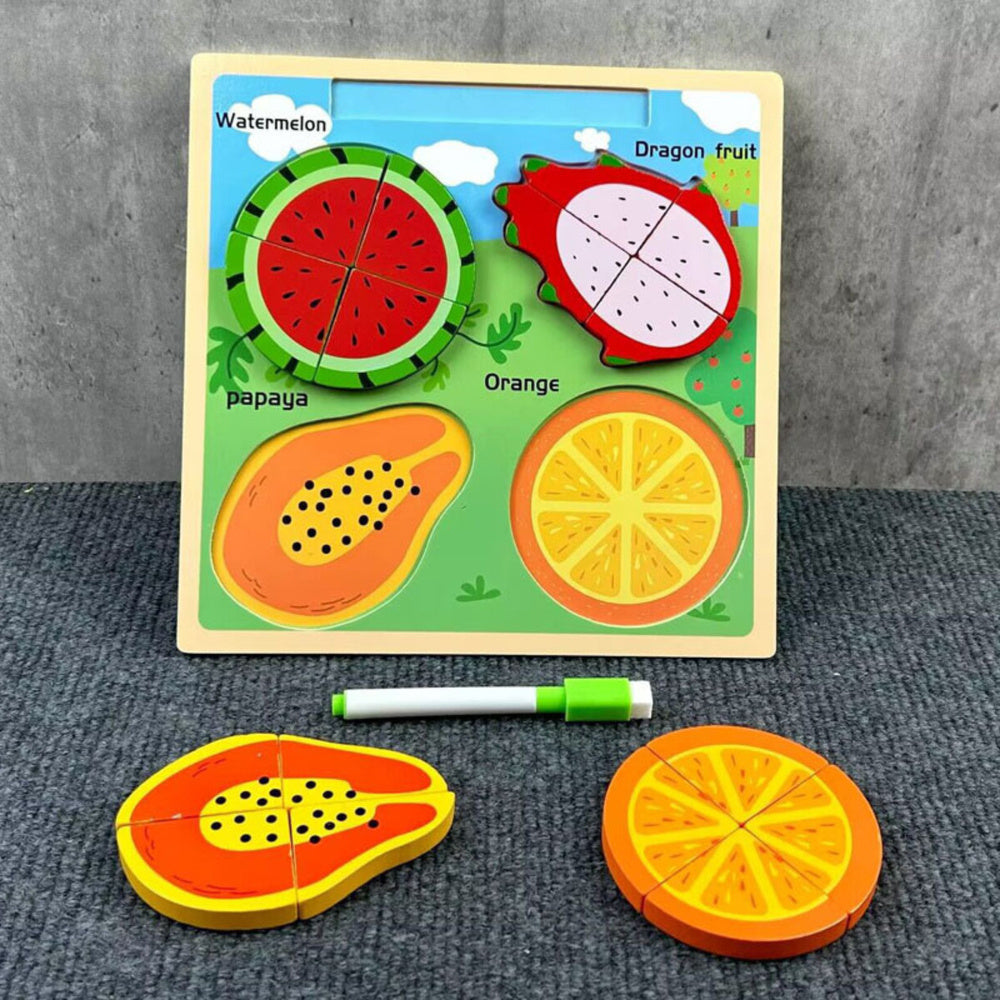 Quadro puzzle 2 em 1 de madeira frutas com marcador