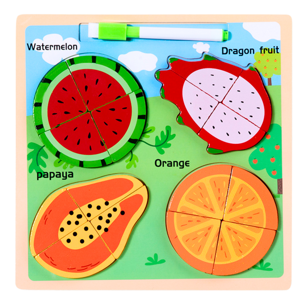 Quadro puzzle 2 em 1 de madeira frutas com marcador