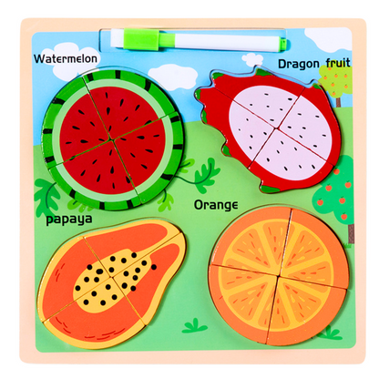 Quadro puzzle 2 em 1 de madeira frutas com marcador