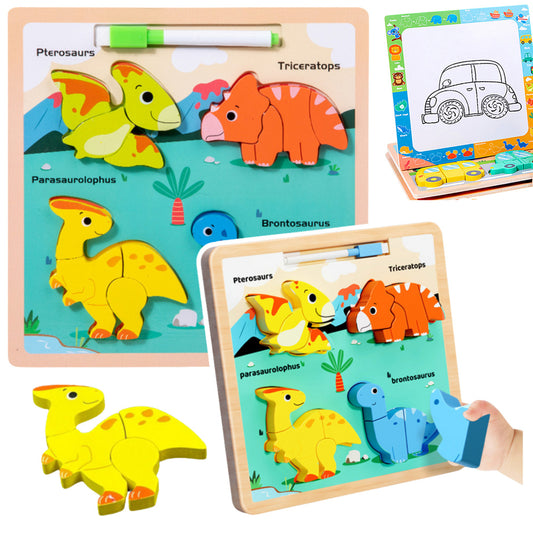 Quadro puzzle 2 em 1 de madeira dinossauros com marcador