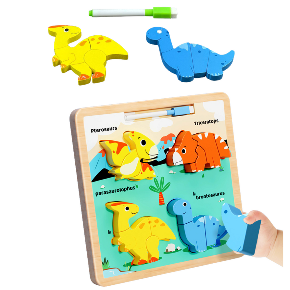 Quadro puzzle 2 em 1 de madeira dinossauros com marcador