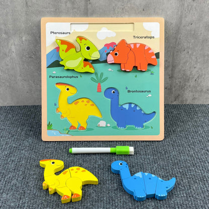 Quadro puzzle 2 em 1 de madeira dinossauros com marcador