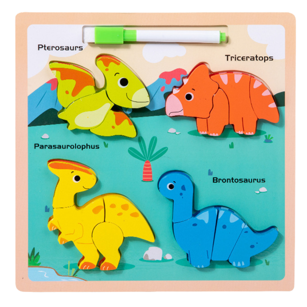 Quadro puzzle 2 em 1 de madeira dinossauros com marcador
