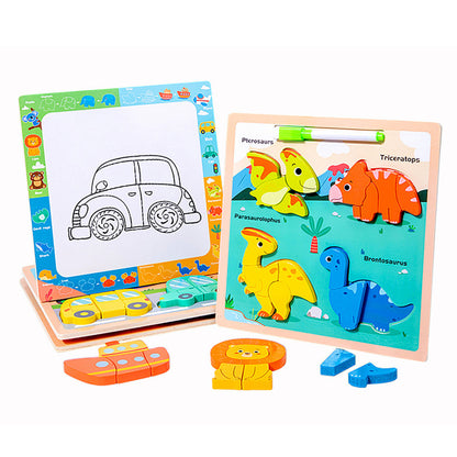 Quadro puzzle 2 em 1 de madeira dinossauros com marcador
