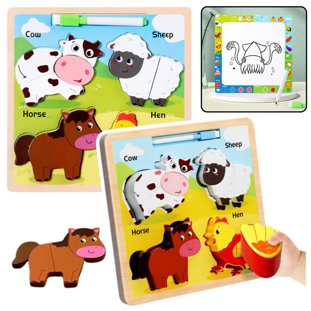 Quadro puzzle 2 em 1 de madeira animais de estimação com marcador