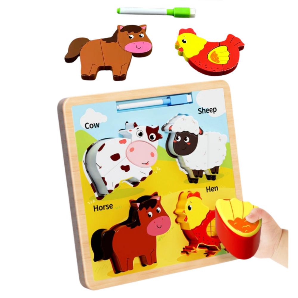 Quadro puzzle 2 em 1 de madeira animais de estimação com marcador