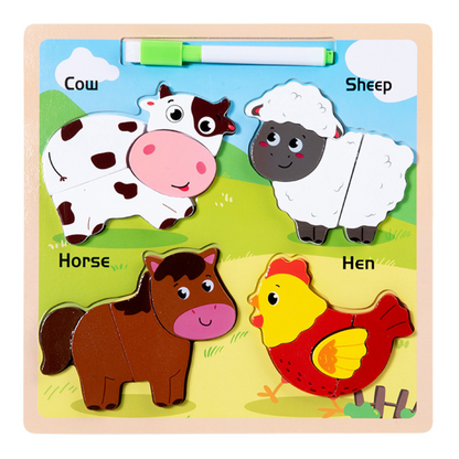 Quadro puzzle 2 em 1 de madeira animais de estimação com marcador