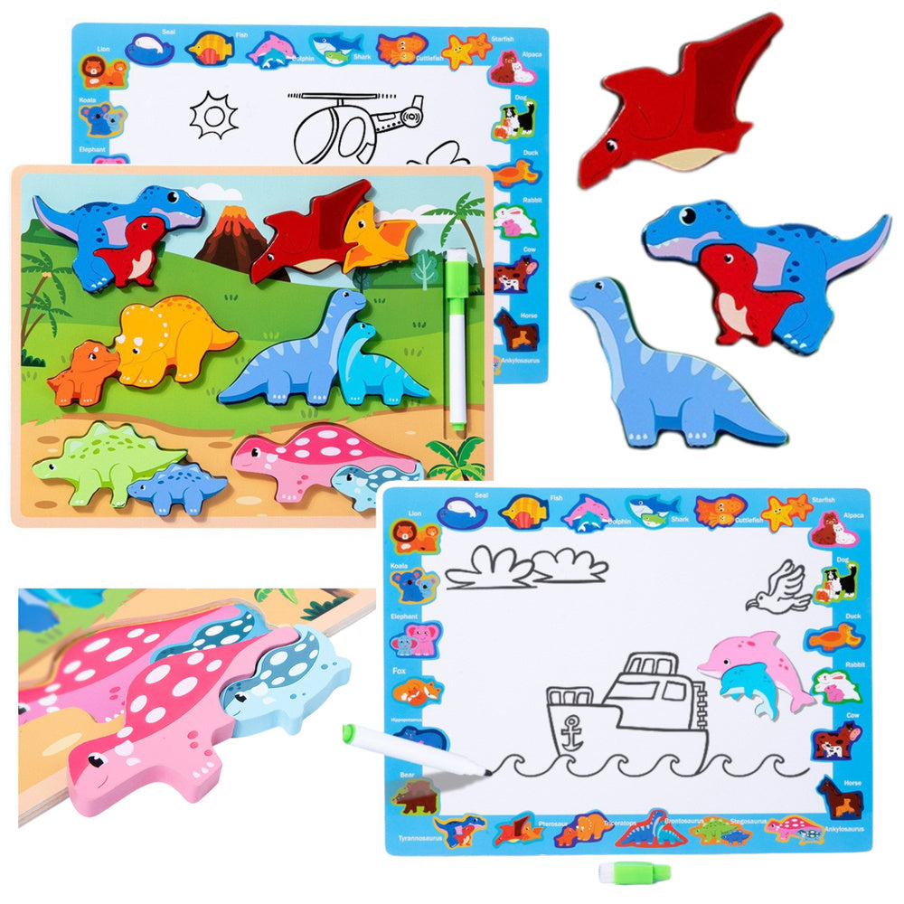 Quadro puzzle 2 em 1 de madeira dinossauros educativos 12 un.