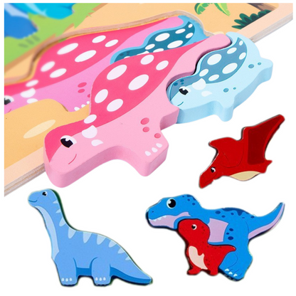 Quadro puzzle 2 em 1 de madeira dinossauros educativos 12 un.