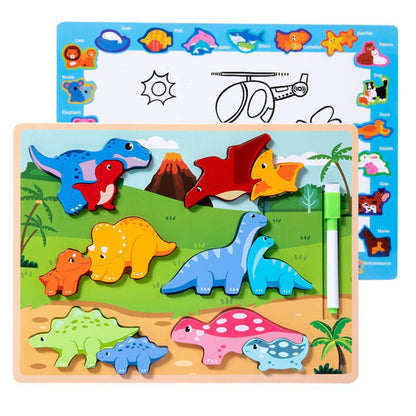 Quadro puzzle 2 em 1 de madeira dinossauros educativos 12 un.