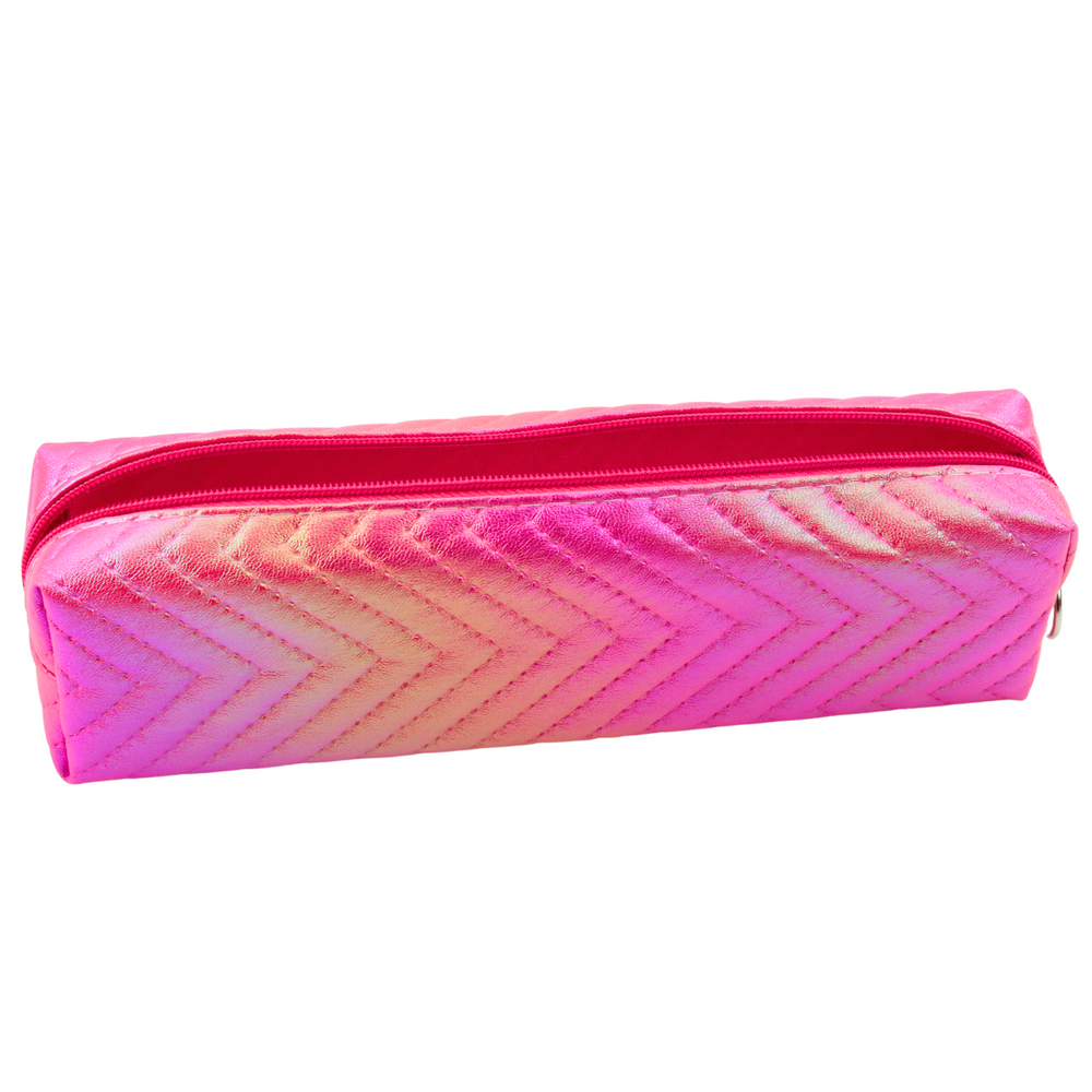 Estojo escolar metálico brilhante espinha rosa
