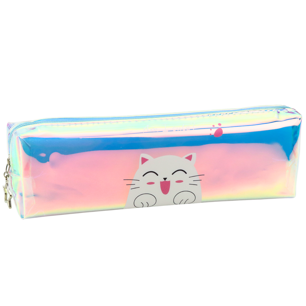 Estojo escolar holográfico com gato azul 21x6 cm