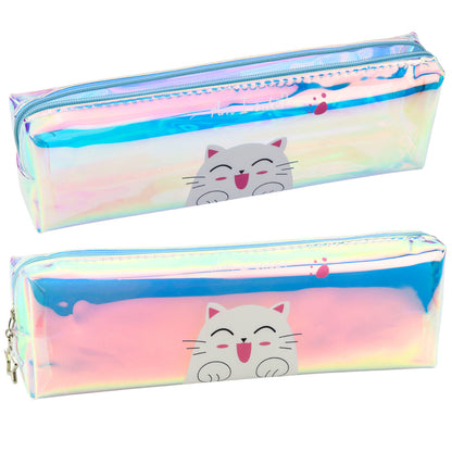 Estojo escolar holográfico com gato azul 21x6 cm