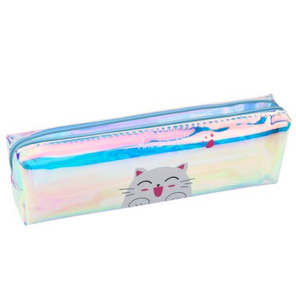 Estojo escolar holográfico com gato azul 21x6 cm