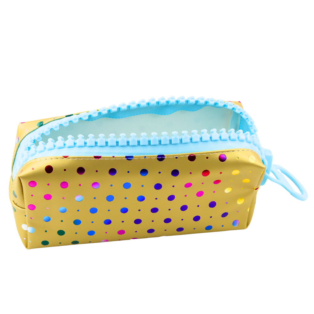 Estojo Escolar Bolinhas Coloridas Dourado 21x8cm