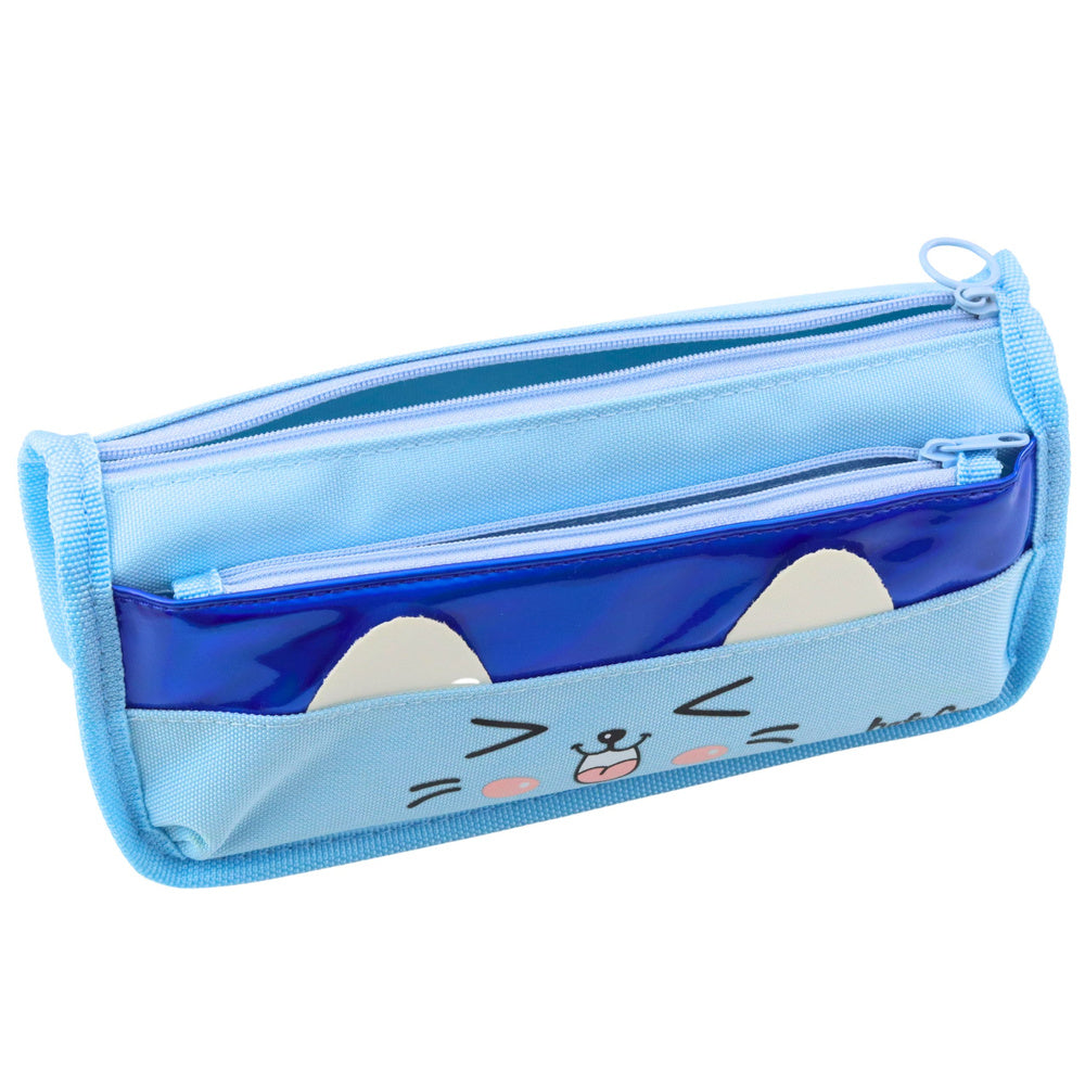 Estojo Escolar 2 Compartimentos Gato Azul 22cm