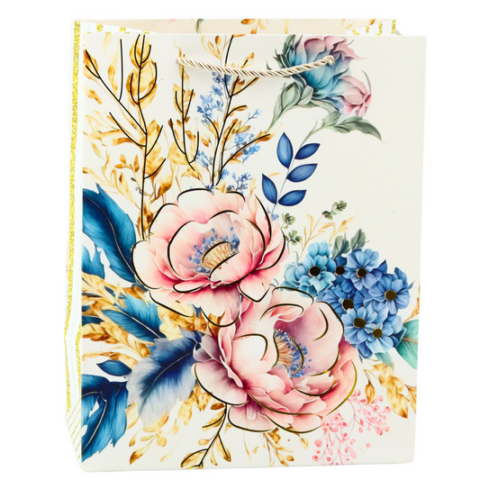 Saco de Presente Flores com Dourado 23x18x10cm