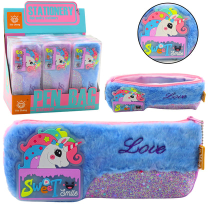 Estojo de Peluche Unicórnio Azul com Glitter