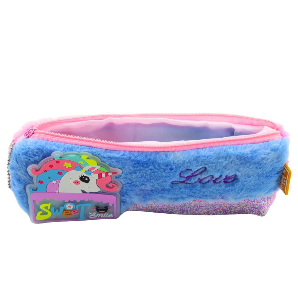 Estojo de Peluche Unicórnio Azul com Glitter