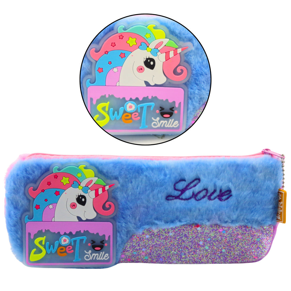 Estojo de Peluche Unicórnio Azul com Glitter