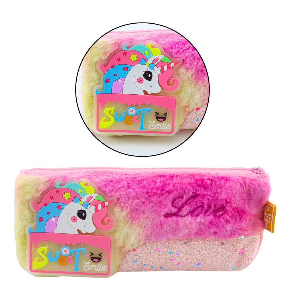 Estojo de Peluche Unicórnio com Elementos Rosa Brilhantes