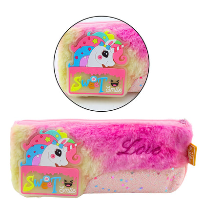 Estojo de Peluche Unicórnio com Elementos Rosa Brilhantes