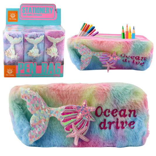 Estojo de Peluche Cauda de Sereia Lantejoulas Pastel
