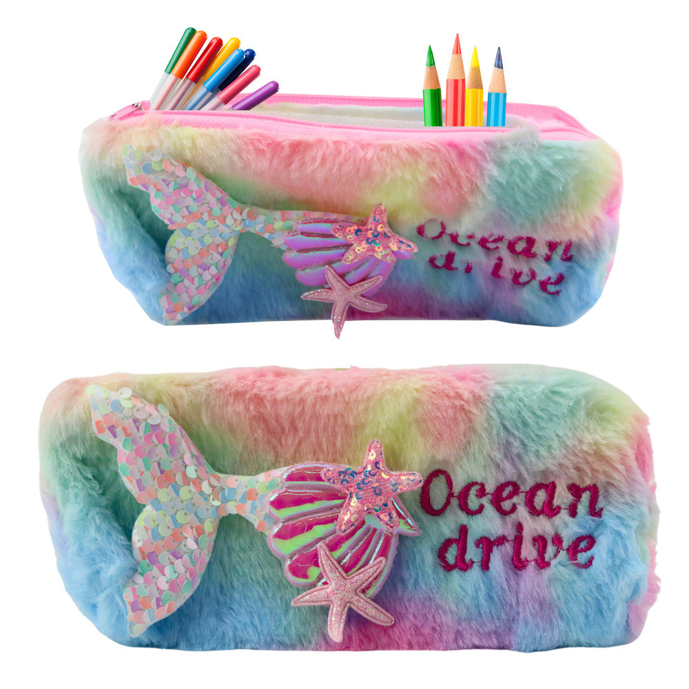 Estojo de Peluche Cauda de Sereia Lantejoulas Pastel