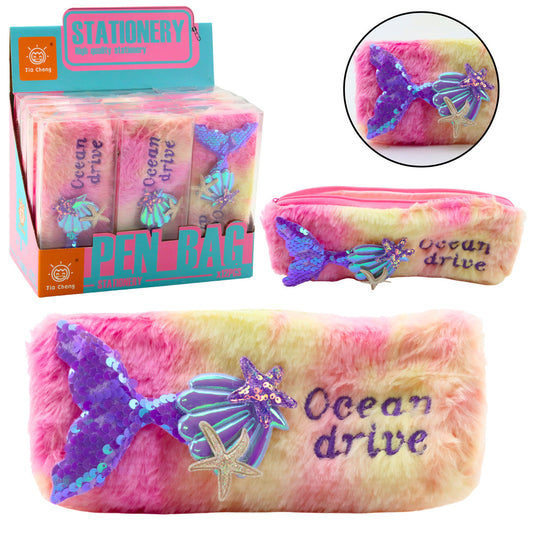 Estojo de Peluche Cauda de Sereia Lantejoulas Rosa Roxo