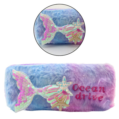 Estojo de Peluche Cauda de Sereia Lantejoulas Roxo Azul