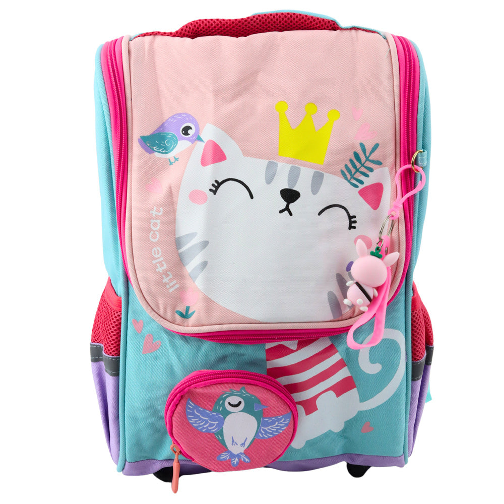 Mochila Escolar Gato Branco com Pendente Pássaro 21L