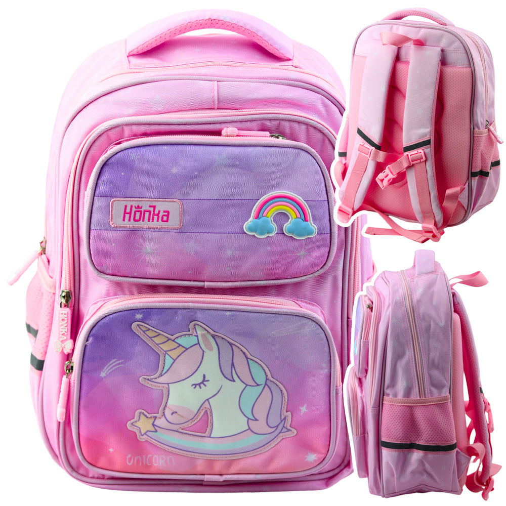 Mochila Escolar Unicórnio Rosa e Lilás 20L com Bolsos Frontais