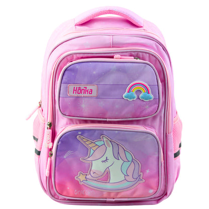 Mochila Escolar Unicórnio Rosa e Lilás 20L com Bolsos Frontais