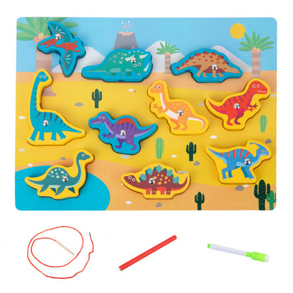 Puzzle Magnético de Madeira para Enfiamento Dinossauros
